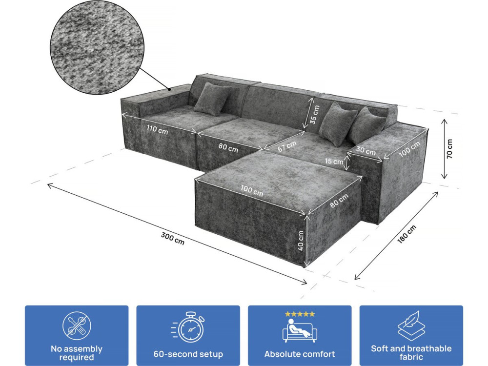 Canapé droit modulable avec ottoman en tissu texturé "Lusso" - 4 places - Gris