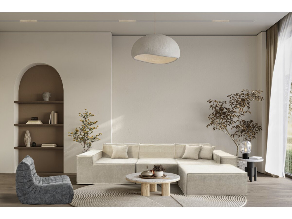 Canapé droit modulable avec ottoman en tissu texturé "Lusso" - 4 places - Beige