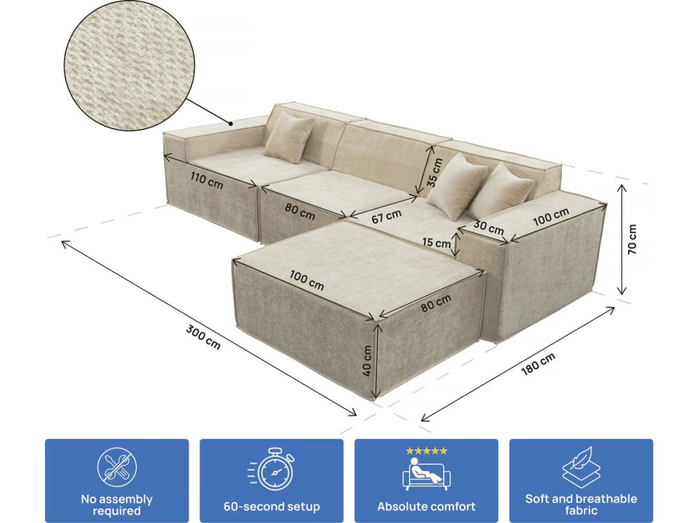 Canapé droit modulable avec ottoman en tissu texturé "Lusso" - 4 places - Beige