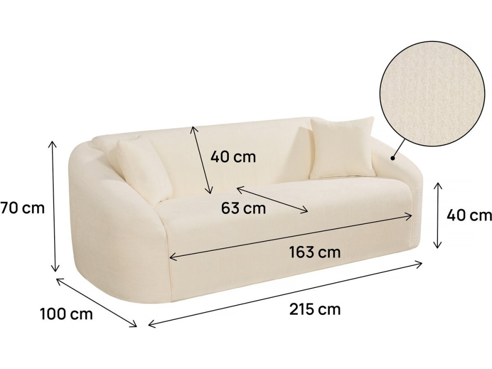 Canapé droit fixe en tissu "Ondine" - 3 places - Beige