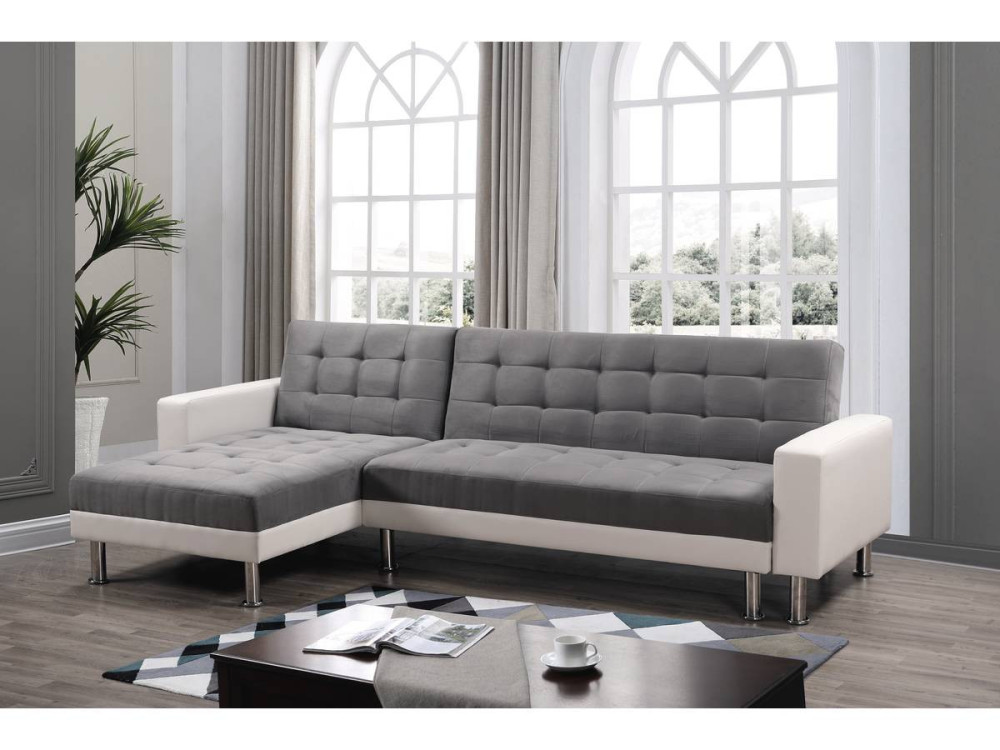 Canapé d'angle convertible et réversible "Theo" - 258 x 82/147 x 82 cm - 4 places -Gris/Blanc