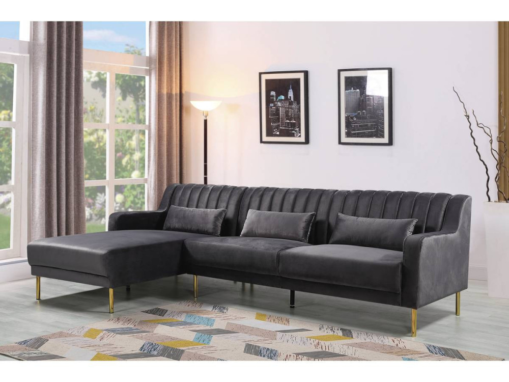 Canapé d'angle en velours "Oliver" - 275 x 161 x 81 cm - 5 places - Gris - Angle gauche