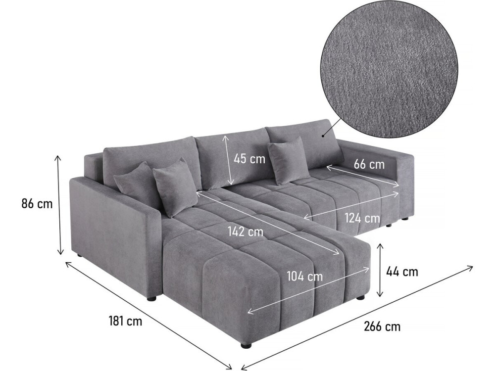 Canapé d'angle convertible tissu chenille 3 places - "Trocadero" - Gris