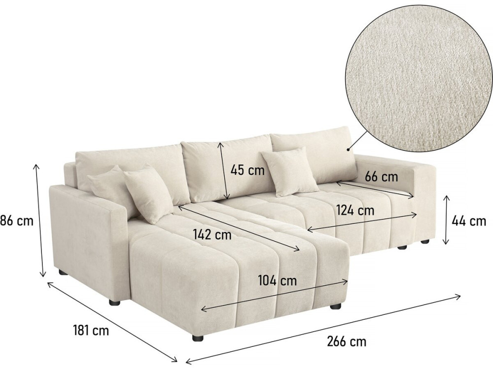 Canapé d'angle convertible tissu chenille 3 places - "Trocadero" - Beige