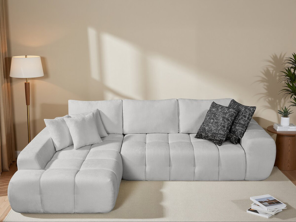 Canapé d'angle gauche en tissu style bubble "Sidonie" - 4 places - Gris
