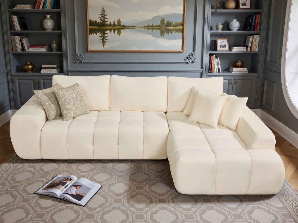 Canapé d'angle droit en tissu style bubble "Sidonie" - 4 places - Beige