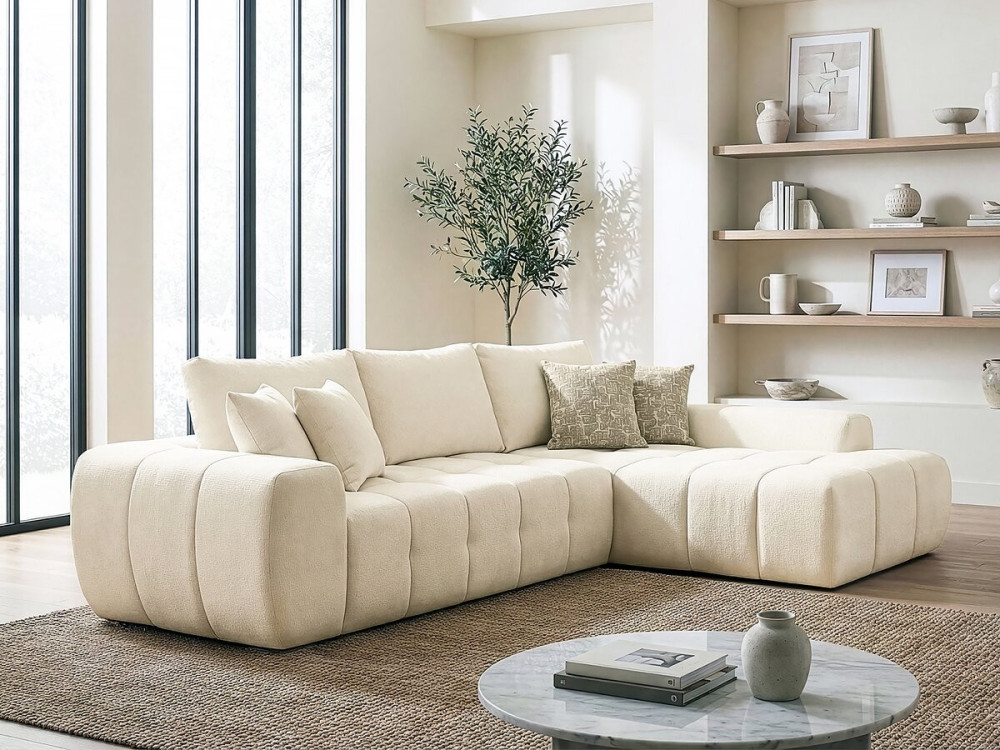 Canapé d'angle droit en tissu style bubble "Sidonie" - 4 places - Beige