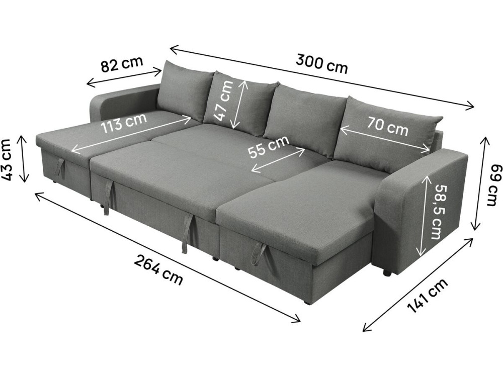 Canapé d'angle panoramique convertible en tissu "Victor" - 4 places - Gris