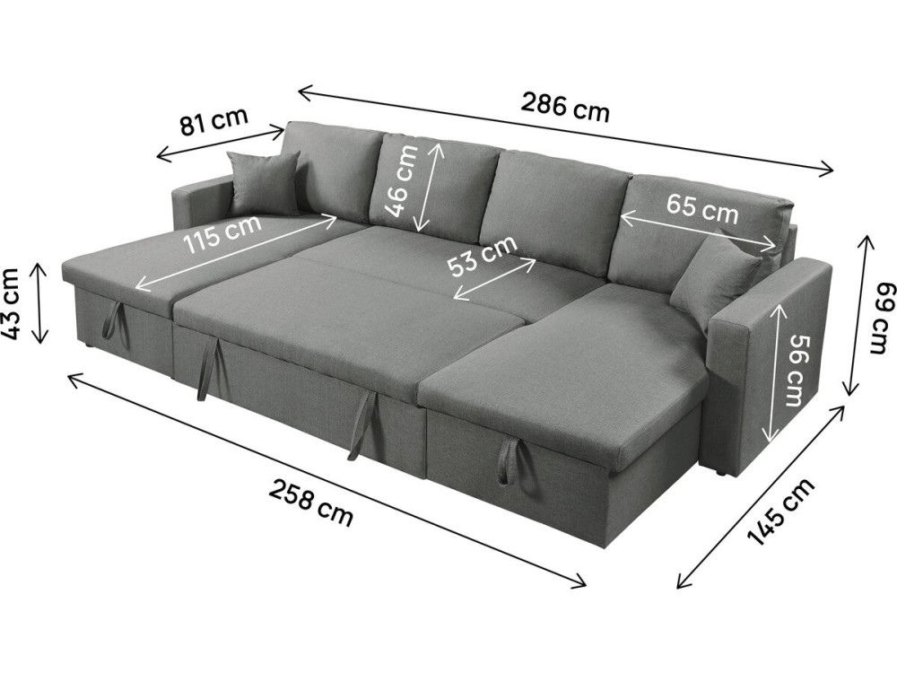 Canapé d'angle panoramique convertible en tissu "Alain" - 4 places - Gris