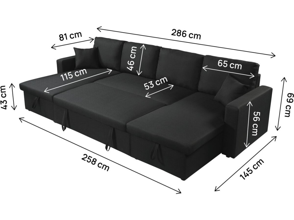 Canapé d'angle panoramique convertible en tissu "Alain" - 4 places - Noir