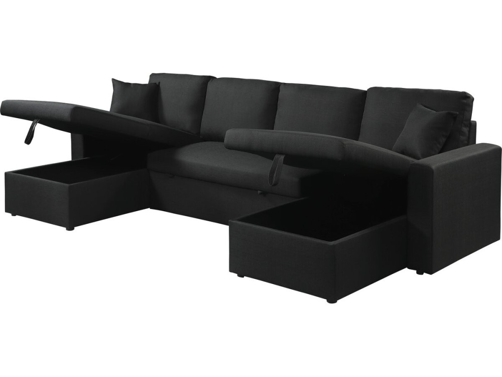 Canapé d'angle panoramique convertible en tissu "Alain" - 4 places - Noir