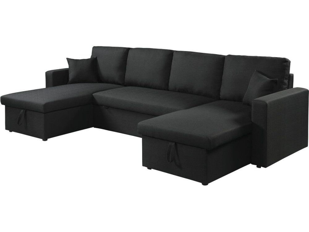 Canapé d'angle panoramique convertible en tissu "Alain" - 4 places - Noir
