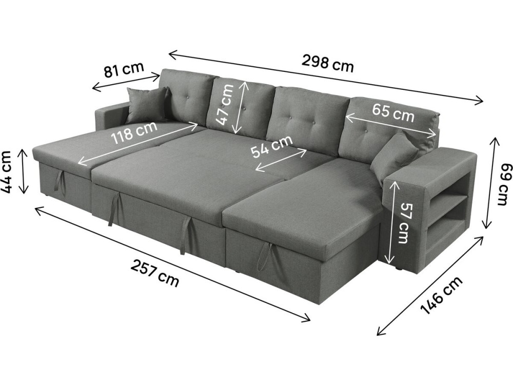 Canapé d'angle panoramique convertible en tissu "Axel" - 4 places - Gris