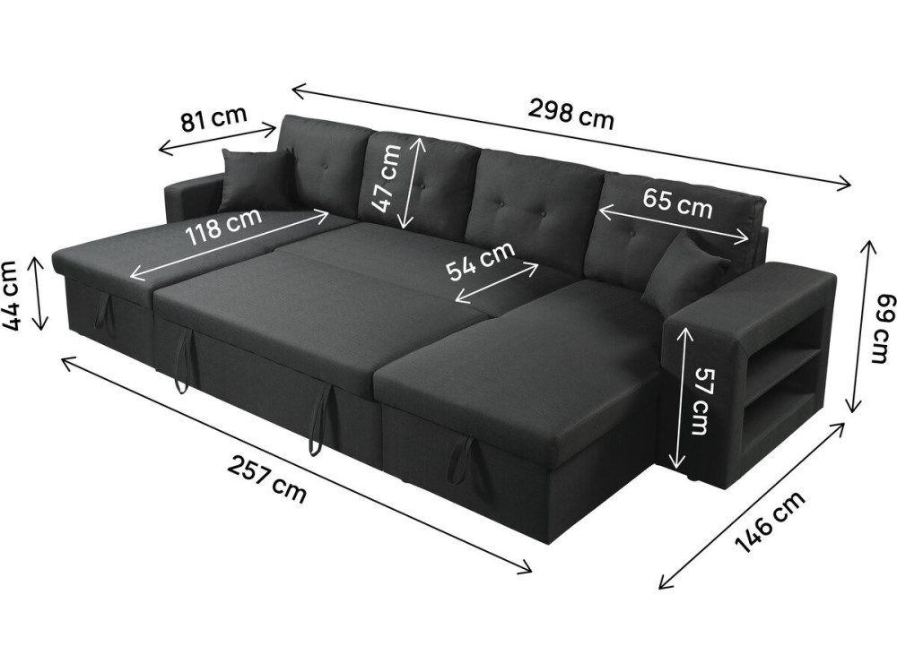 Canapé d'angle panoramique convertible en tissu "Axel" - 4 places - Noir