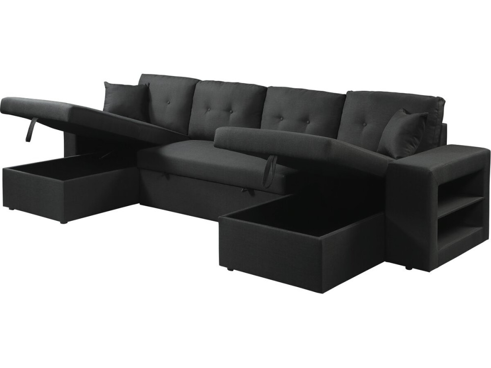 Canapé d'angle panoramique convertible en tissu "Axel" - 4 places - Noir