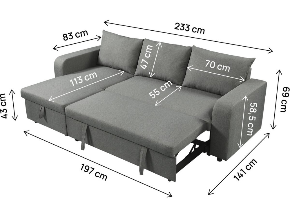 Canapé d'angle réversible/convertible en tissu "Victor" - 3 places - Gris