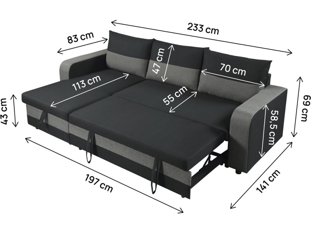 Canapé d'angle réversible/convertible en tissu "Victor" - 3 places - Noir
