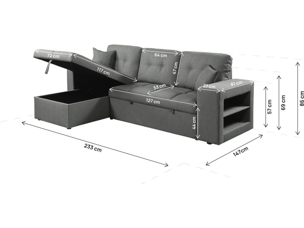 Canapé d'angle convertible/réversible tissu style bubble "Axel" - 3 places - Gris