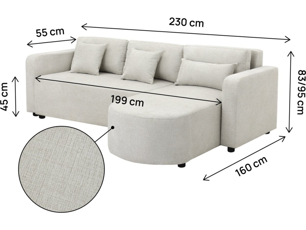 Canapé d'angle convertible/réversible en tissu "Charles" - 3 places - Beige