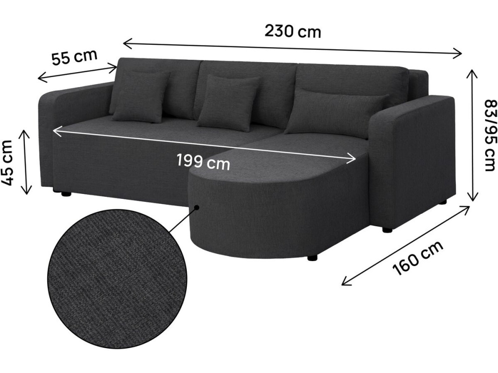 Canapé d'angle convertible/réversible en tissu "Charles" - 3 places - Noir