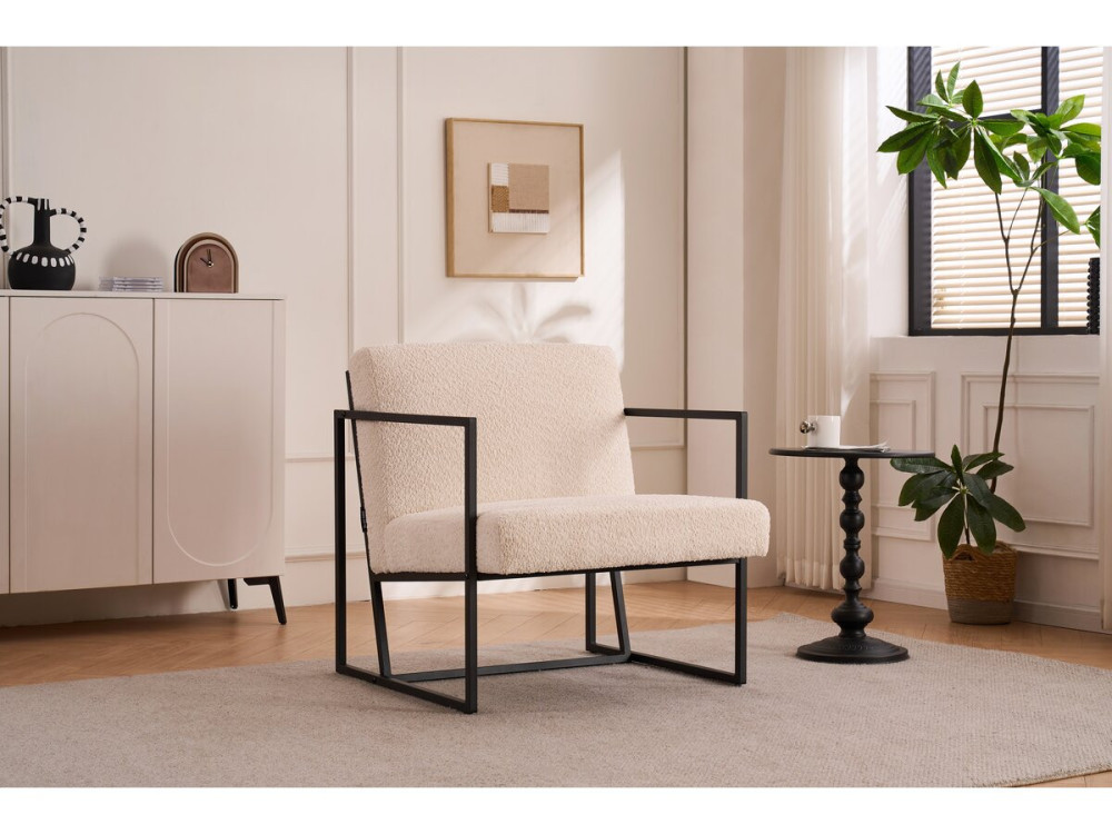 Fauteuil "Kennedy" en velours et métal - 73. 5 x 75.5 x 81 cm - Crème
