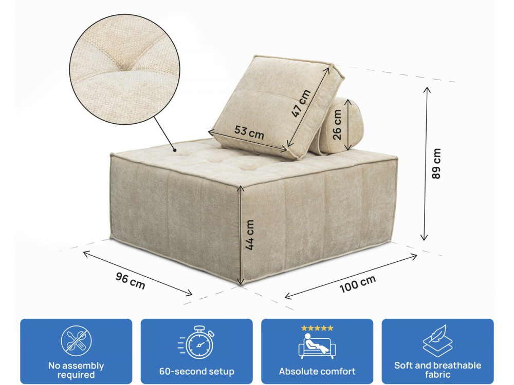 Chauffeuse en tissu texturé "Velluto" - 96 x 100 x 89 cm - Beige