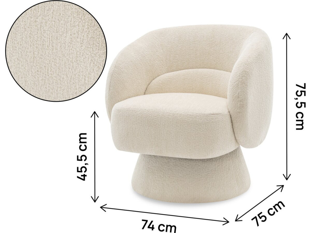 Fauteuil pivotant en tissu bouclette "Franklin" - 74 x 75 x 75 cm - Beige