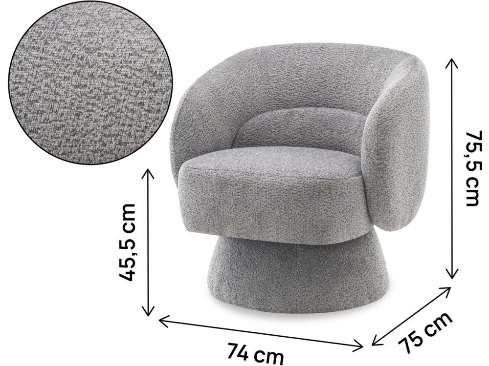Fauteuil pivotant en tissu bouclette "Franklin" - 74 x 75 x 75 cm - Gris