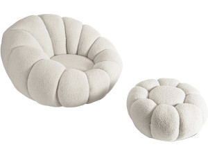 Fauteuil avec pouf style bubble en tissu bouclette "Élysée" - Crème