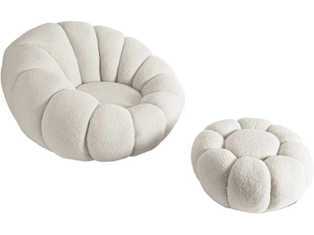 Fauteuil avec pouf style bubble en tissu bouclette "Élysée" - Crème