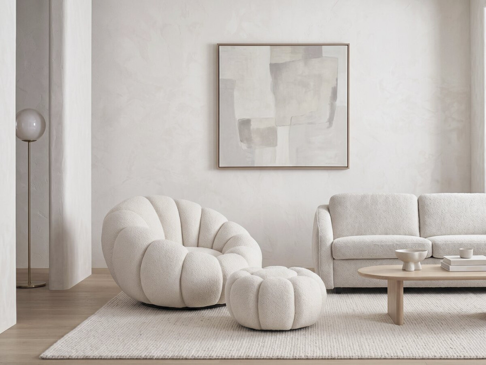 Fauteuil avec pouf style bubble en tissu bouclette "Élysée" - Crème