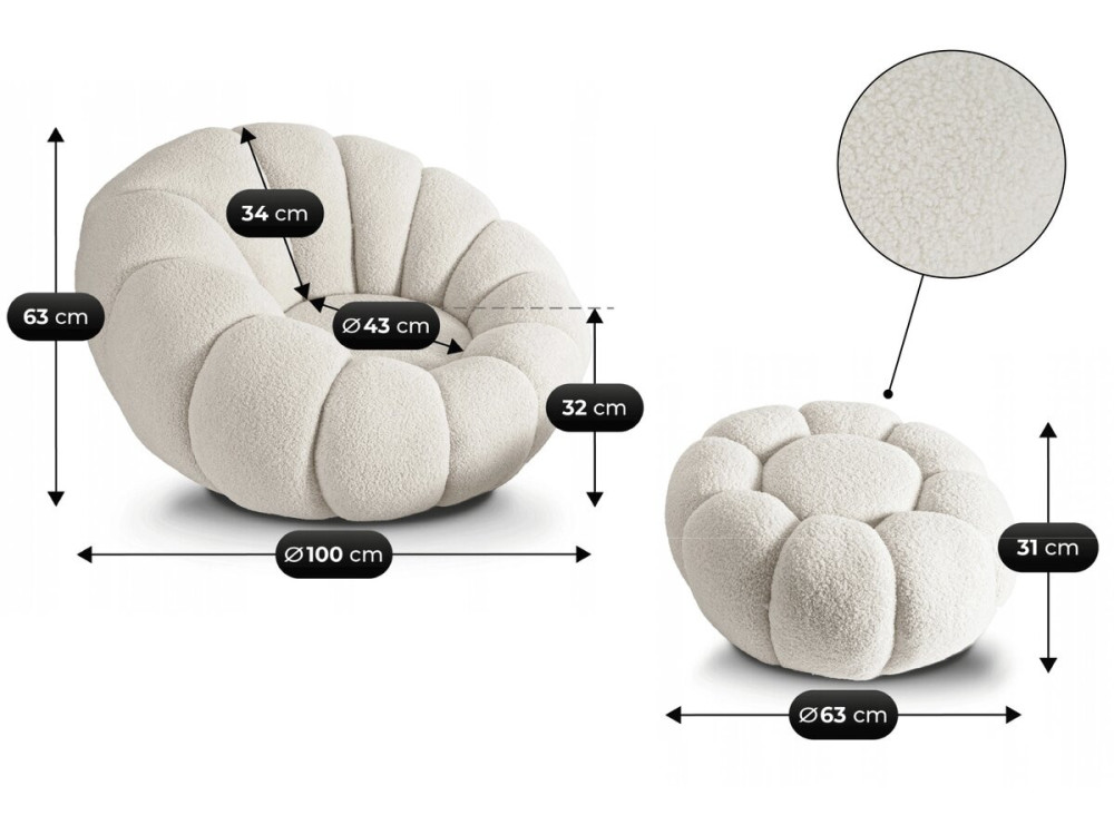 Fauteuil avec pouf style bubble en tissu bouclette "Élysée" - Crème