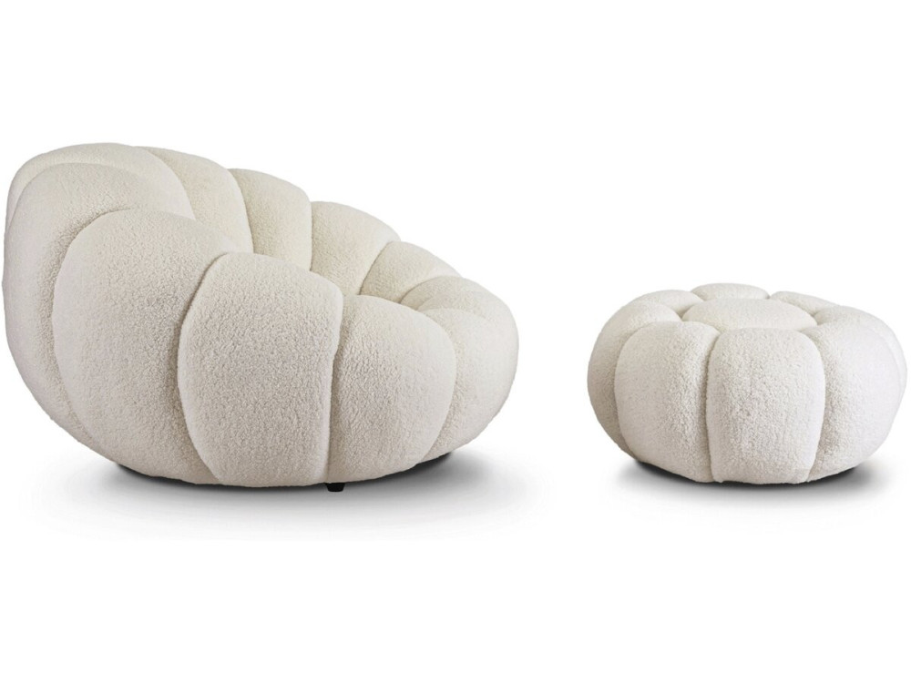 Fauteuil avec pouf style bubble en tissu bouclette "Élysée" - Crème