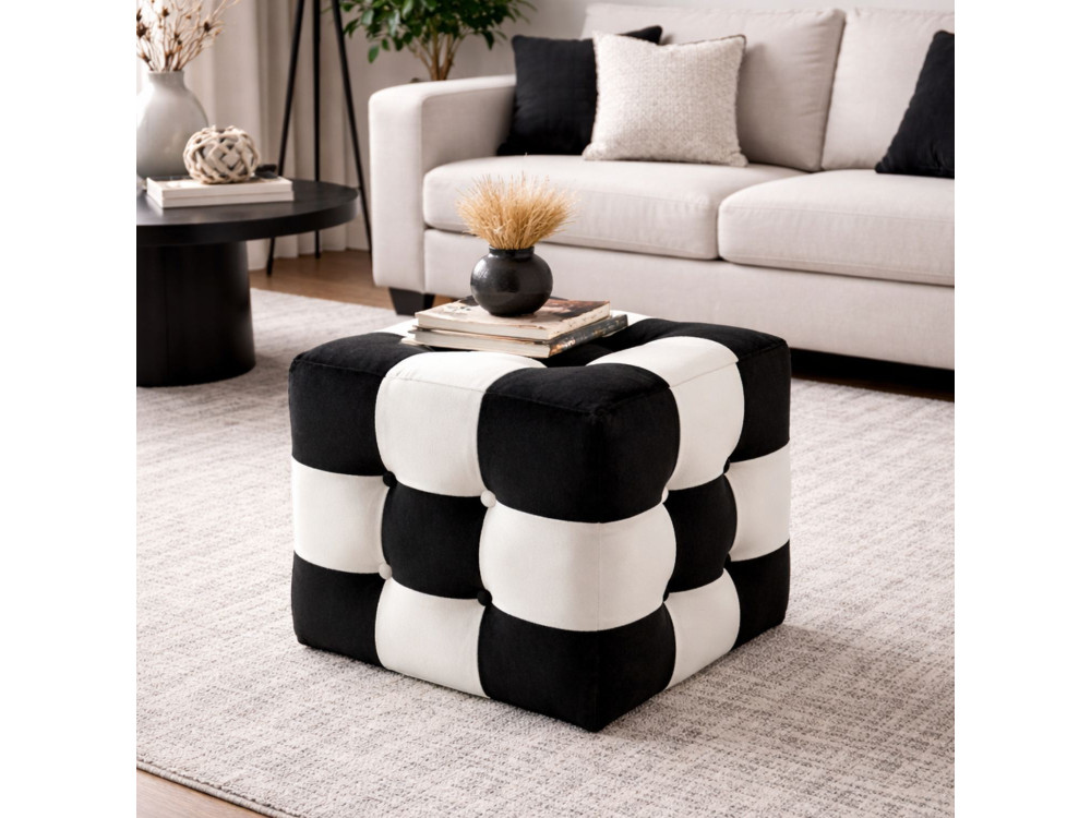 Pouf en velours "Patchwork" - 42 x 42 x 42 cm - Noir / Blanc