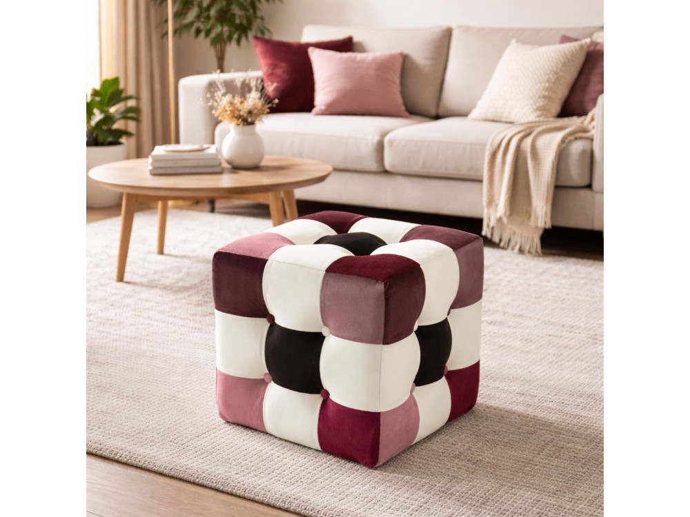 Pouf en velours "Patchwork" - 42 x 42 x 42 cm - Multicolore