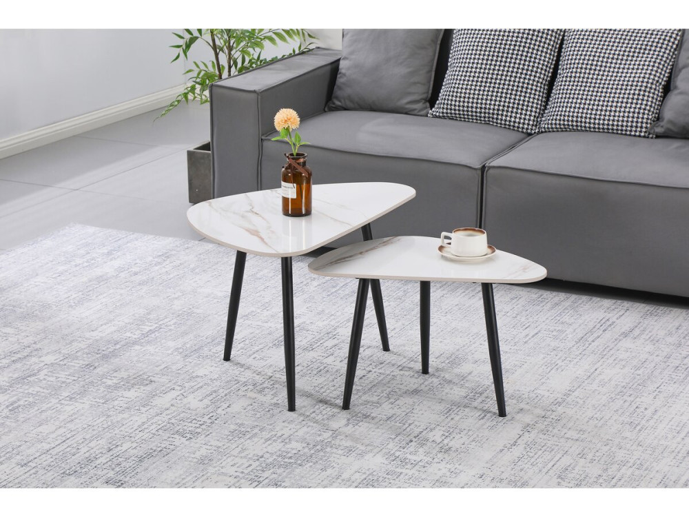 Lot de 2 tables basses gigognes en céramique "Terra" - 49 x 79 x 56 cm - Blanc