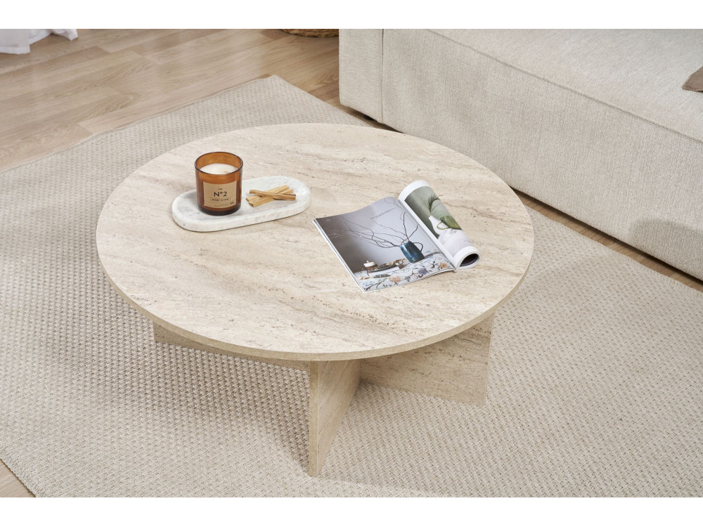 Table basse en bois "Soleil" - 90 x 90 x 40 cm - Travertin