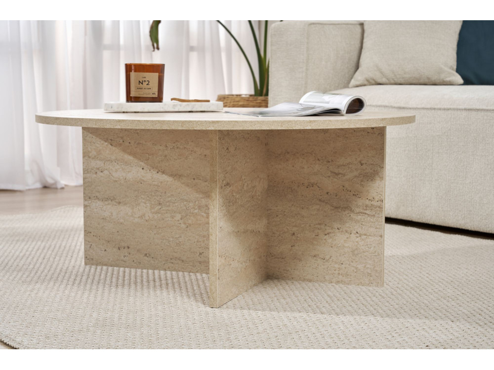 Table basse en bois "Soleil" - 90 x 90 x 40 cm - Travertin