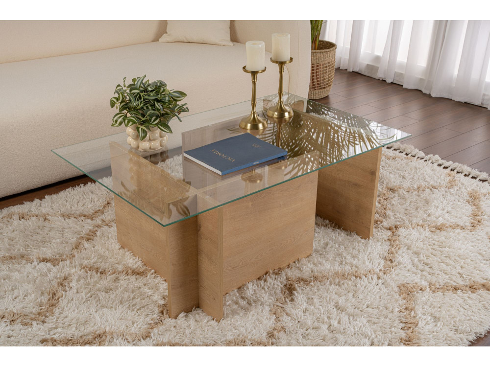 Table basse en verre "Vetrino" 105 x 65 x 40 cm - Chêne à miel
