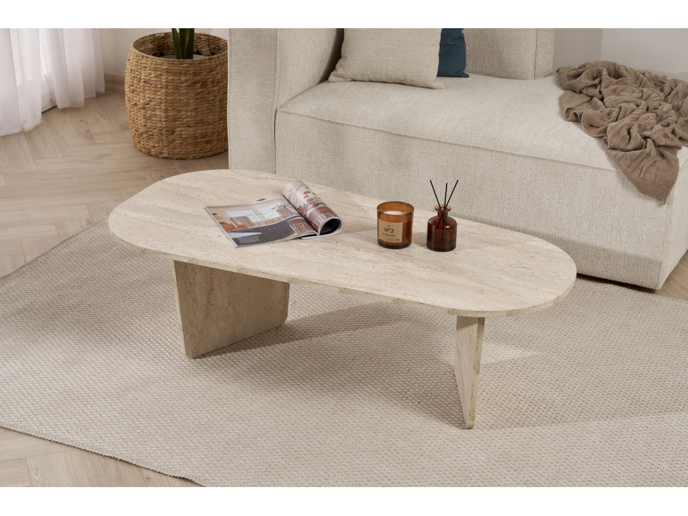 Table basse en bois "Ovalis" - 130 x 65 x 40 cm - Travertin