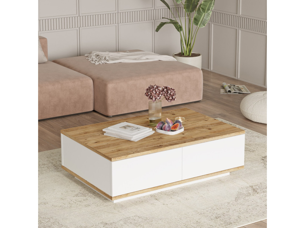 Table basse en bois "FR14" - 90 x 60 x 28 cm - Pin atlantiqueBlanc