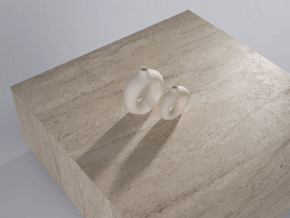 Table basse en bois "Lizbon" - 90 x 90 x 35 cm - Travertin