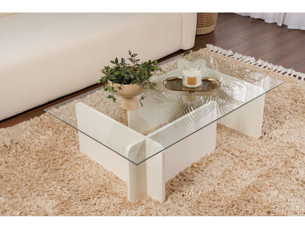 Table basse en verre "Flavio" 105 x 65 x 30 cm - Bois blanc