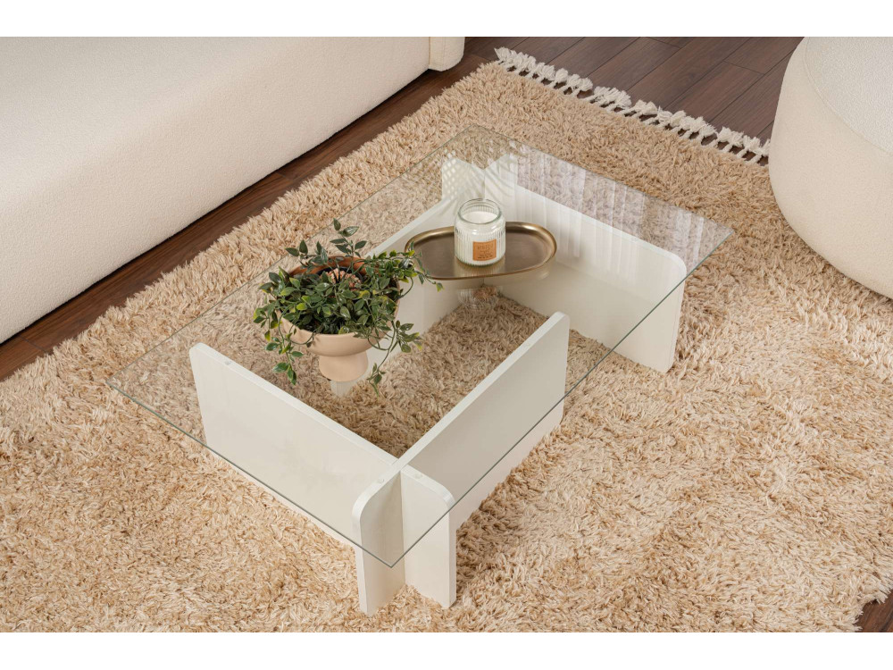 Table basse en verre "Flavio" 105 x 65 x 30 cm - Bois blanc