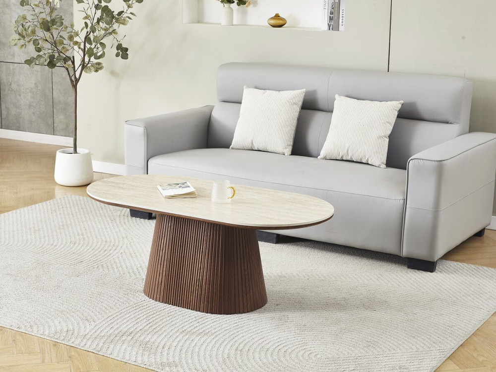 Table basse ovale en céramique "Portofino" - 120 cm -Travertin et marron