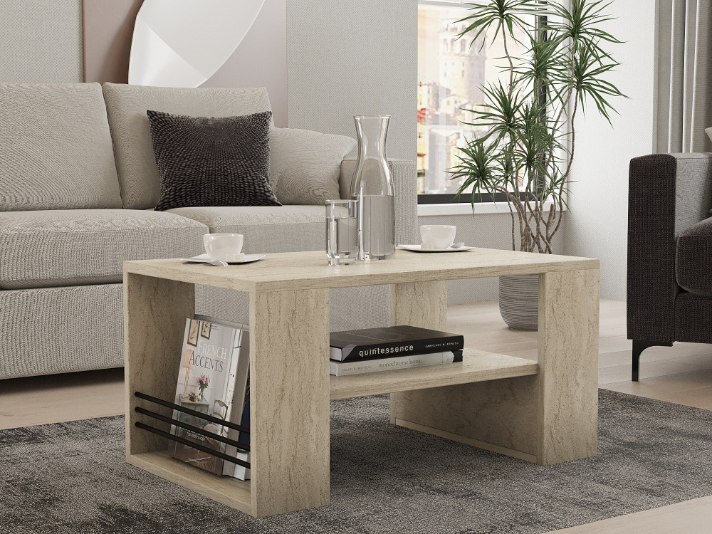 Table basse en bois "Iris" - 80 x 50 x 40 cm - Travertin