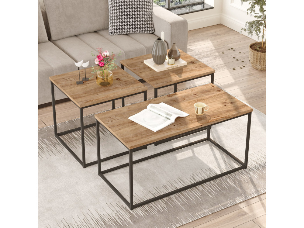 Lot de 3 tables basse en bois "VG9" - 90 x 45 x 44 cm - Pin Atlantique