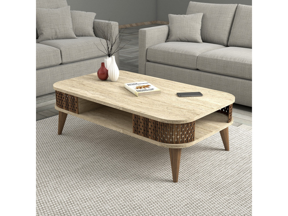 Table basse en bois "Eylul" - 105 x 60 x 35 cm - Travertin