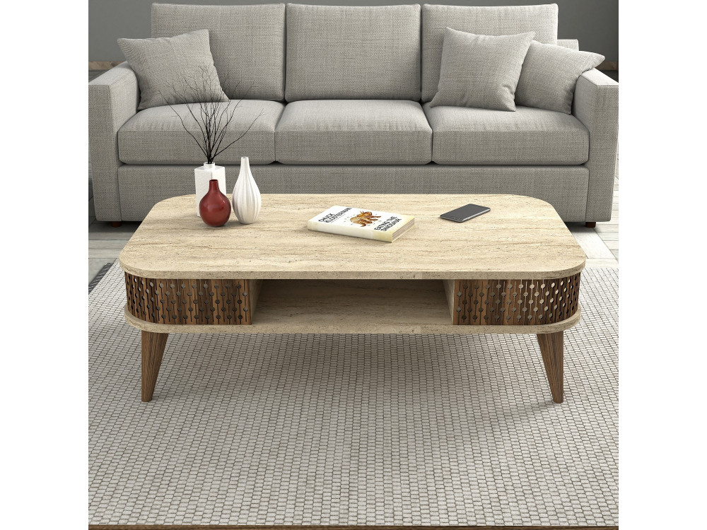 Table basse en bois "Eylul" - 105 x 60 x 35 cm - Travertin