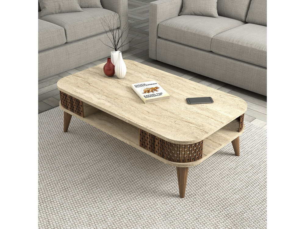 Table basse en bois "Eylul" - 105 x 60 x 35 cm - Travertin